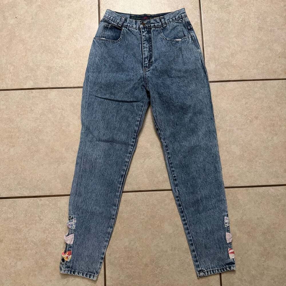 Y2k Jeans High Rise Tapered Jeans Acid Wash Floral Ankle Slits